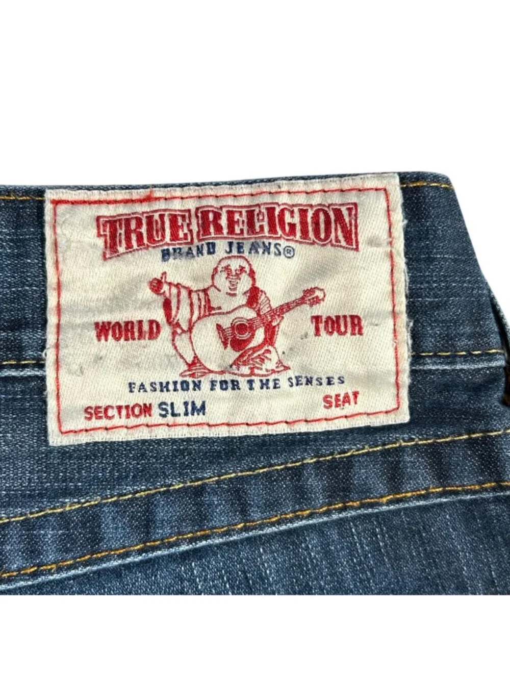 True Religion Slim Straight Jeans Mens 36 Dark Wash Premium Denim Blue Lagoon